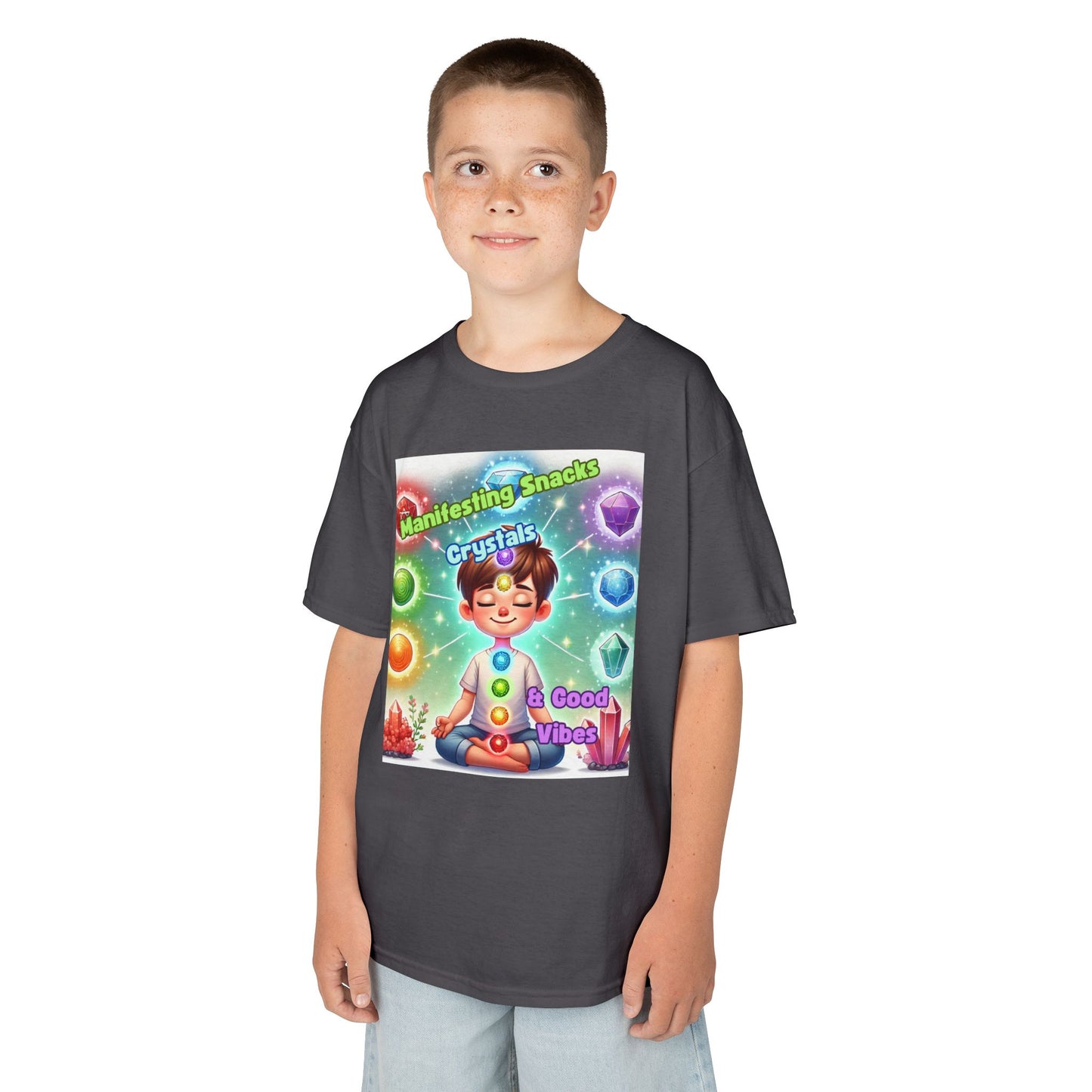 'Manifesting Snacks, Crystals, and Good Energy' Kids TShirt