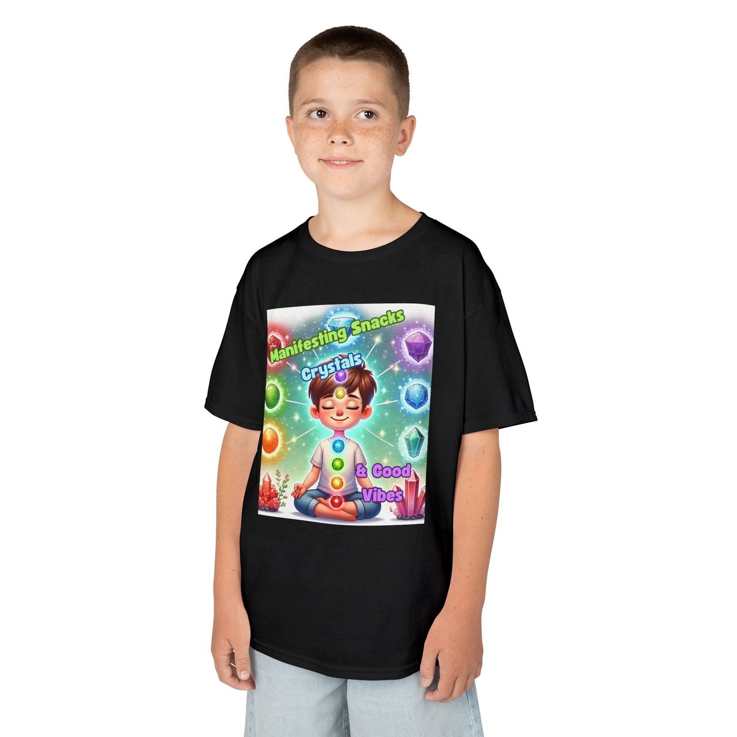 'Manifesting Snacks, Crystals, and Good Energy' Kids TShirt
