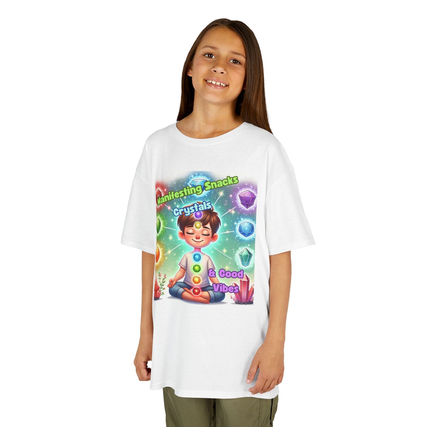 'Manifesting Snacks, Crystals, and Good Energy' Kids TShirt