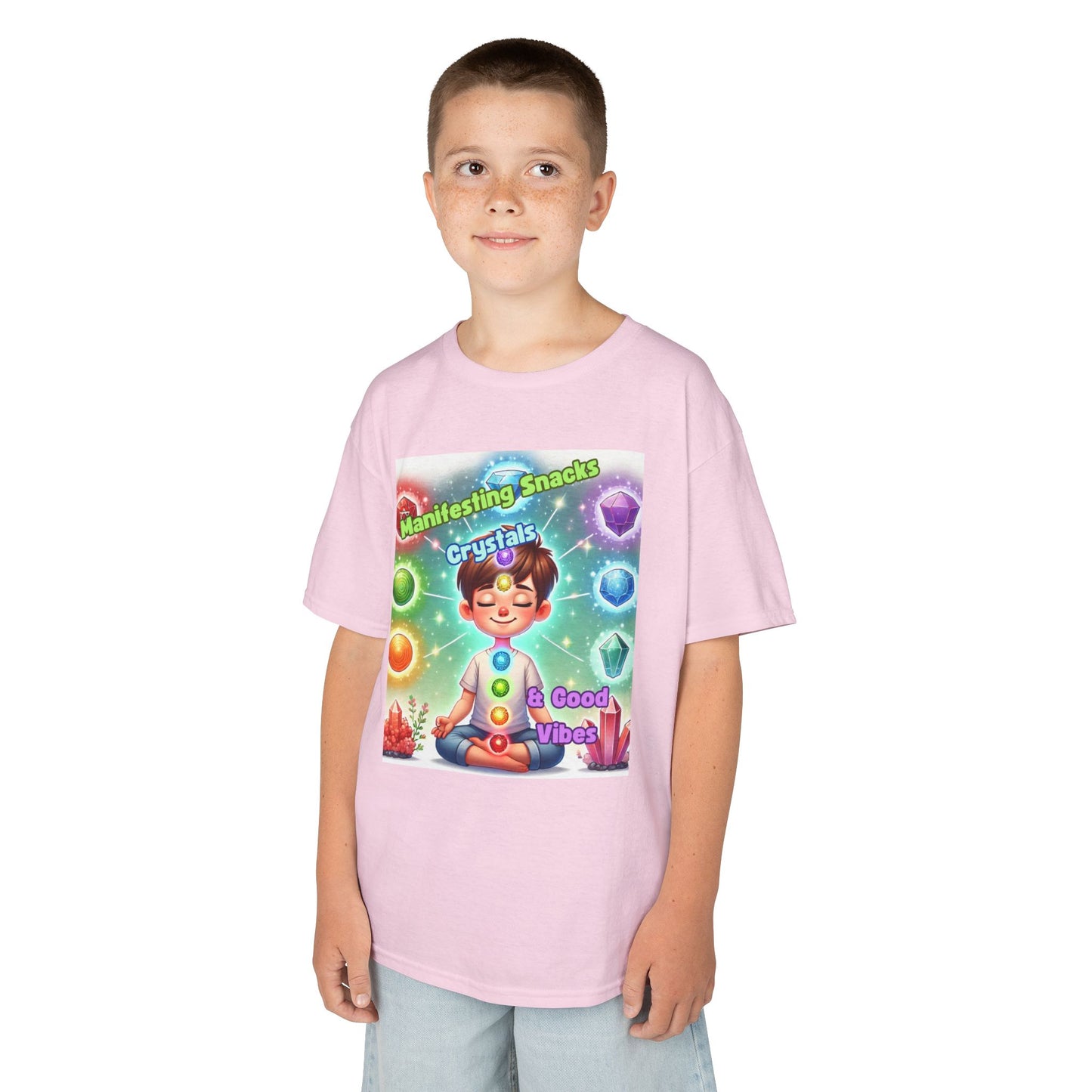 'Manifesting Snacks, Crystals, and Good Energy' Kids TShirt