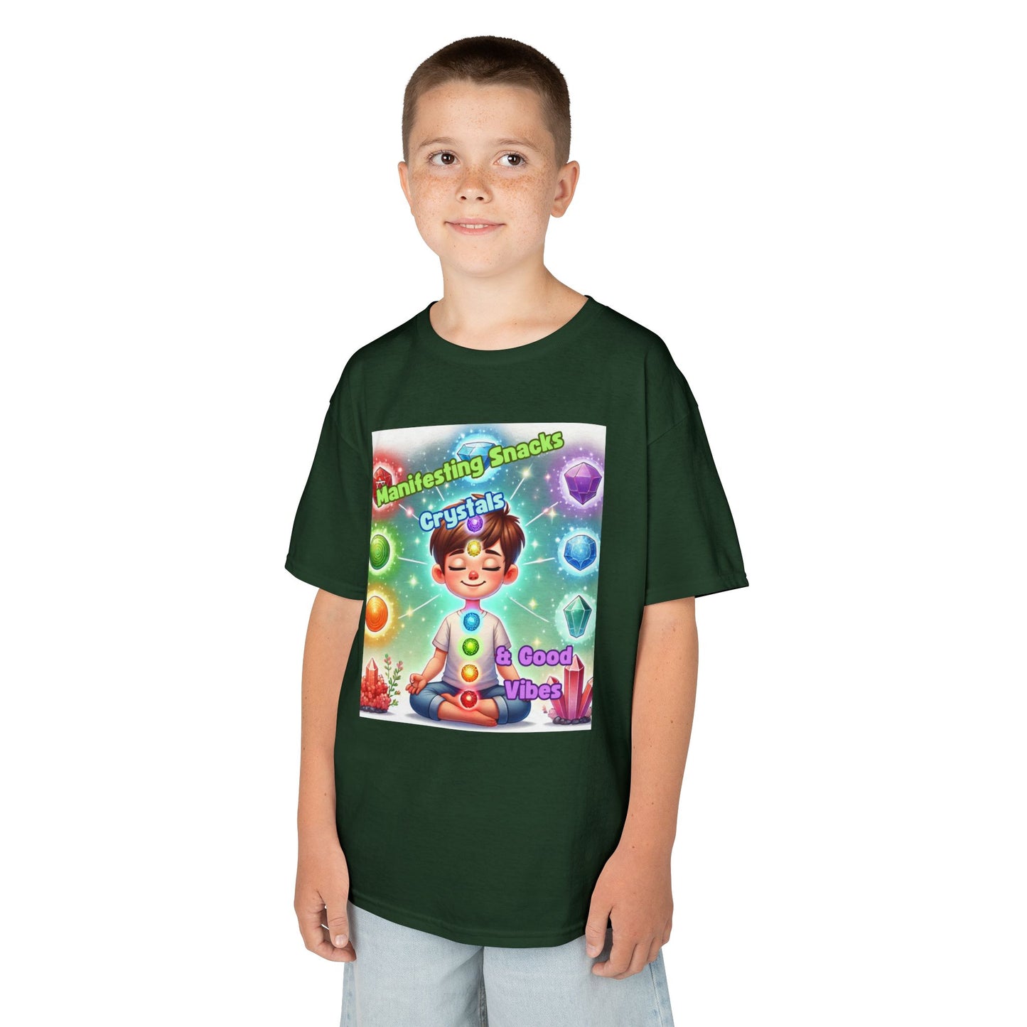 'Manifesting Snacks, Crystals, and Good Energy' Kids TShirt