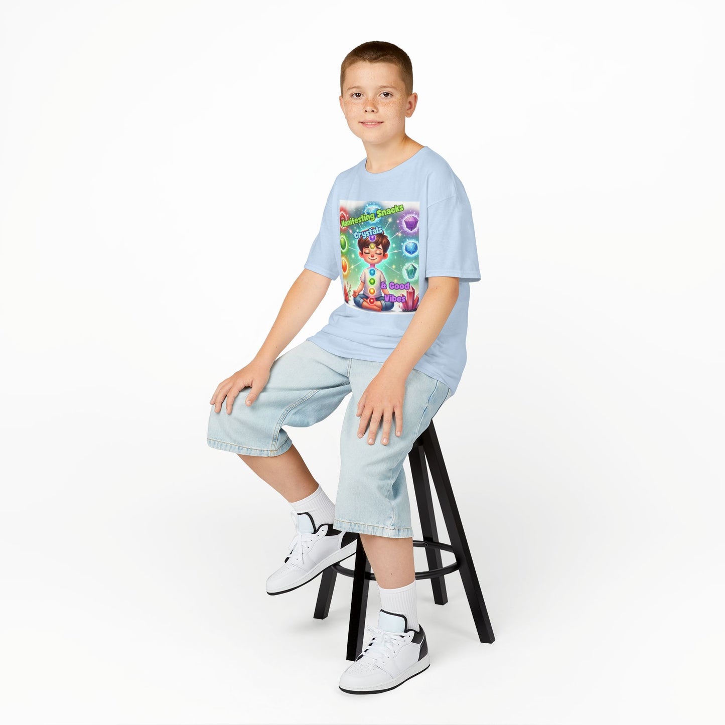 'Manifesting Snacks, Crystals, and Good Energy' Kids TShirt