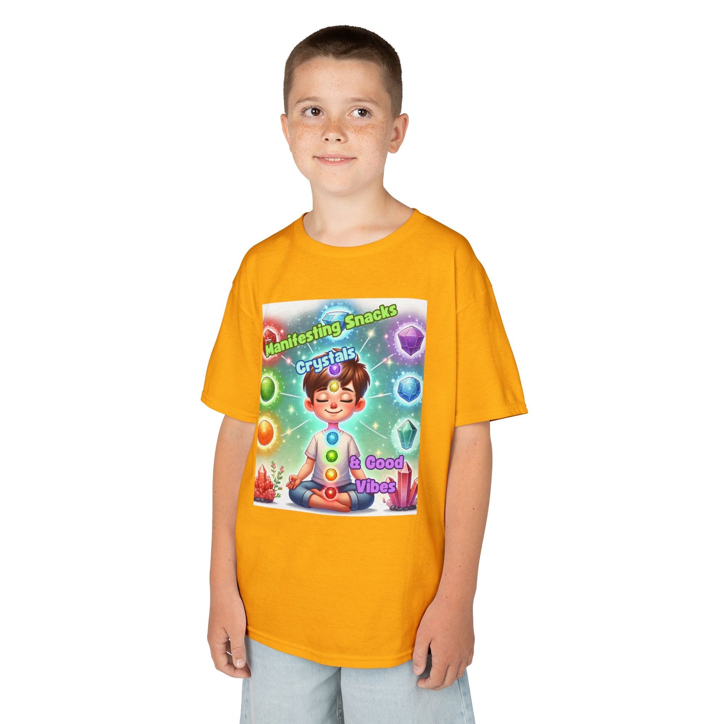 'Manifesting Snacks, Crystals, and Good Energy' Kids TShirt