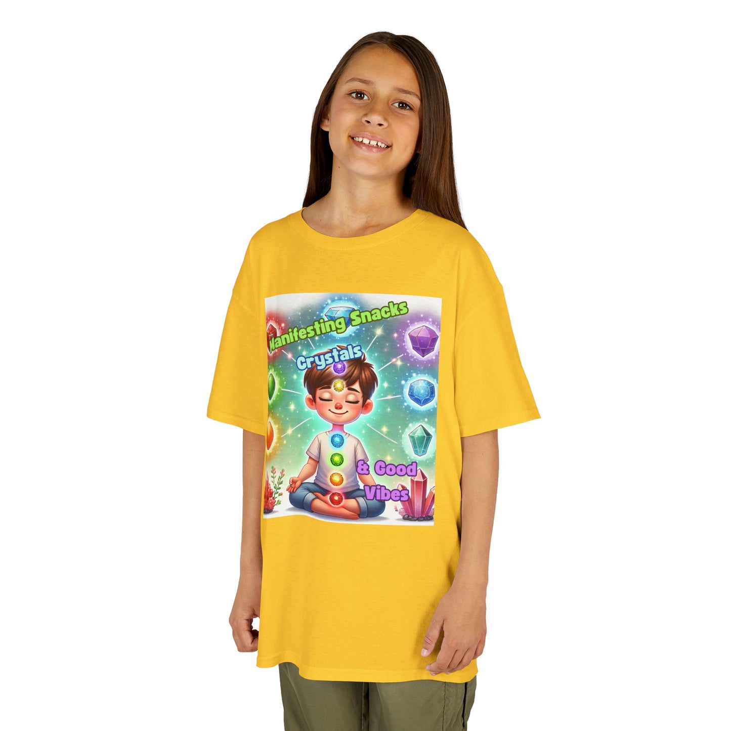 'Manifesting Snacks, Crystals, and Good Energy' Kids TShirt