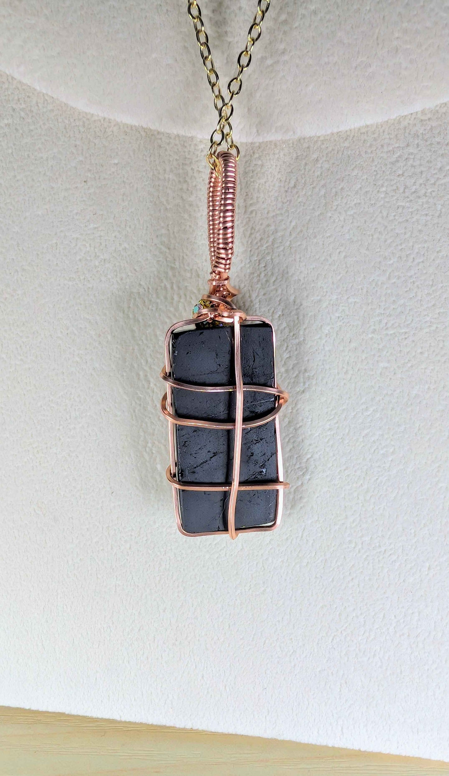 *Black Tourmaline Cabochon Necklace *Unplated Copper*