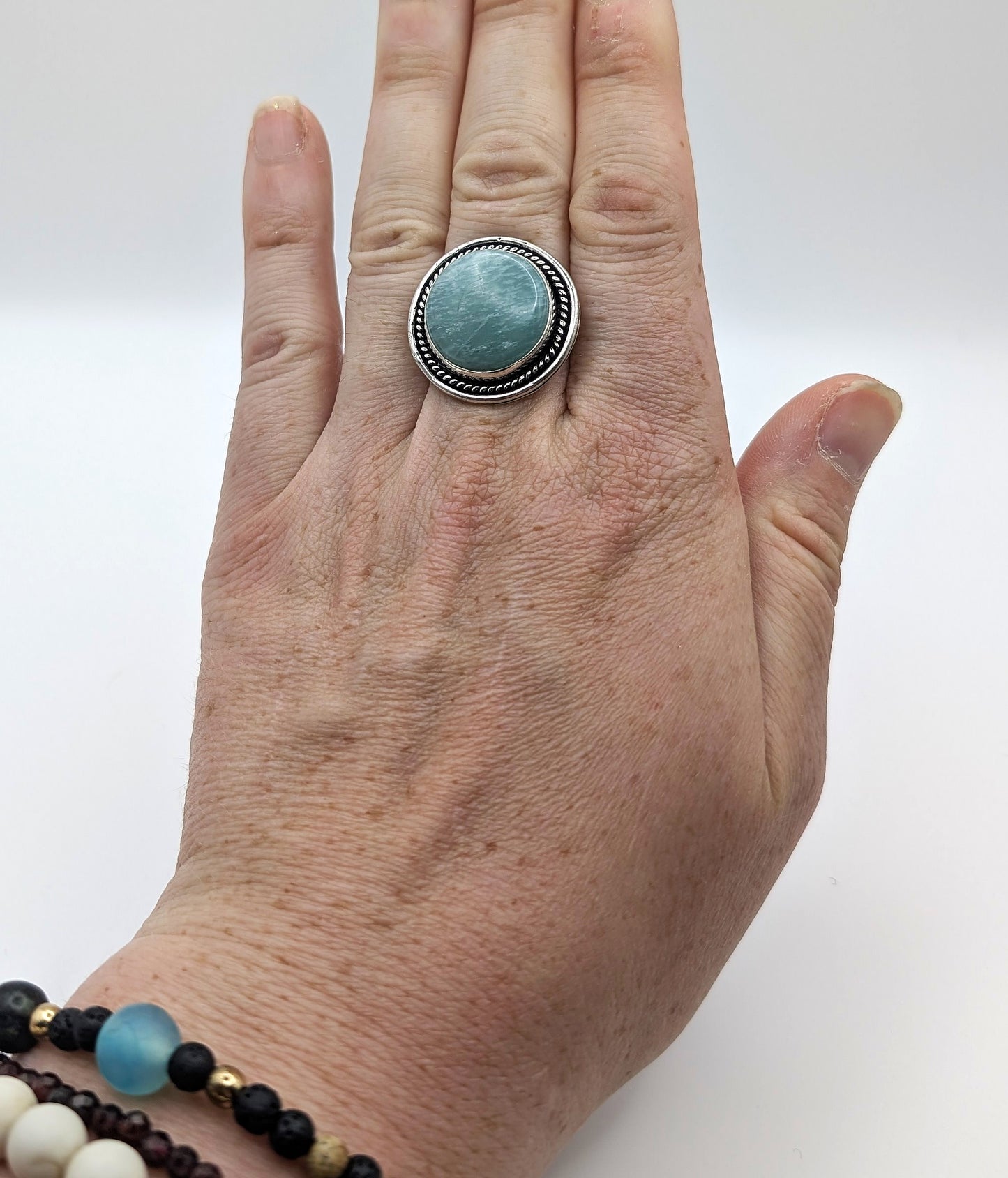 Ring Amazonite Silver Color Plated Statement