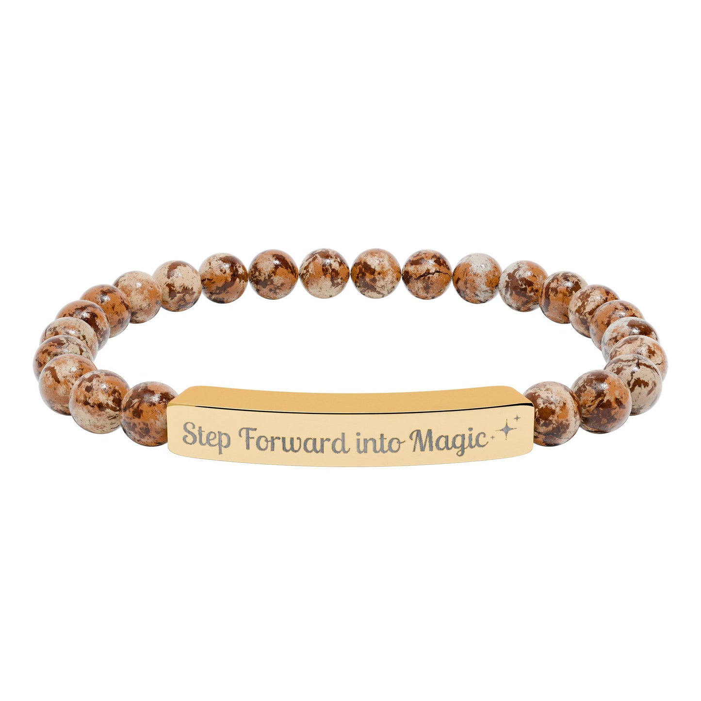 Engraved Natural Stone Stretch Bar Bracelet — "Step Forward into Magic" Motivational Beaded Bracelet