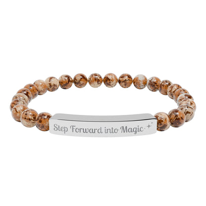 Engraved Natural Stone Stretch Bar Bracelet — "Step Forward into Magic" Motivational Beaded Bracelet