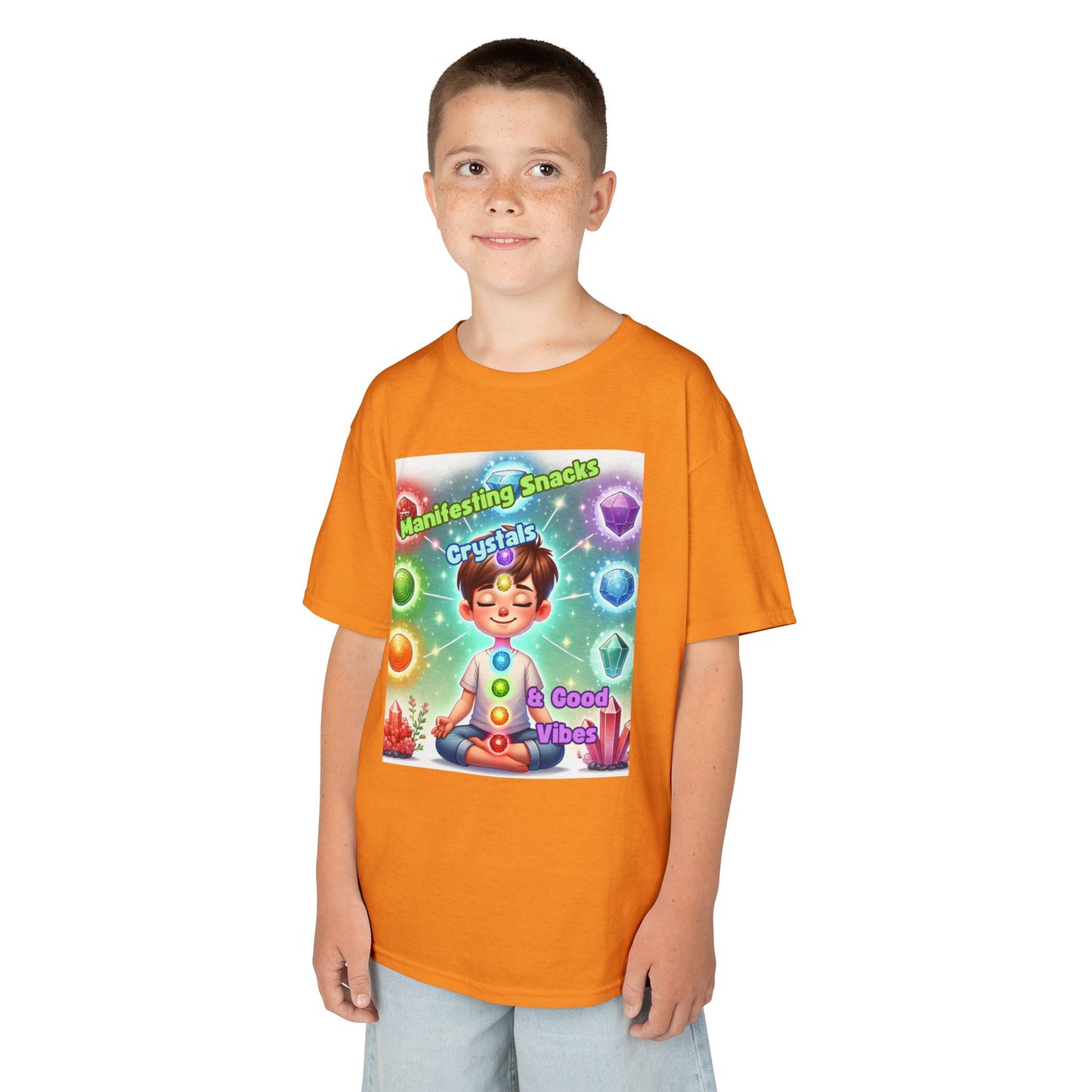 'Manifesting Snacks, Crystals, and Good Energy' Kids TShirt