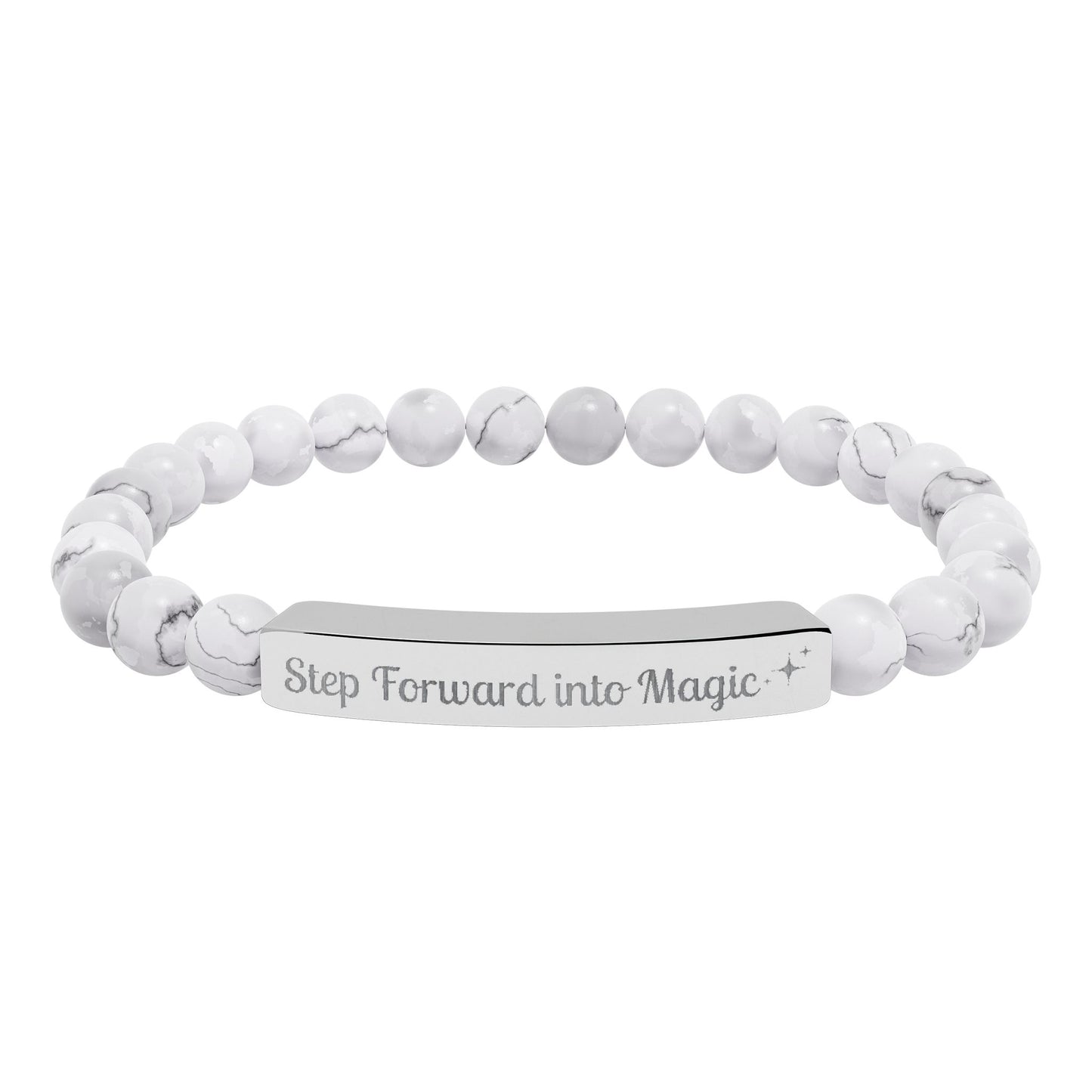 Engraved Natural Stone Stretch Bar Bracelet — "Step Forward into Magic" Motivational Beaded Bracelet