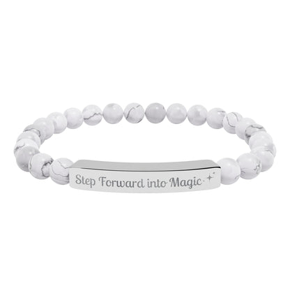 Engraved Natural Stone Stretch Bar Bracelet — "Step Forward into Magic" Motivational Beaded Bracelet