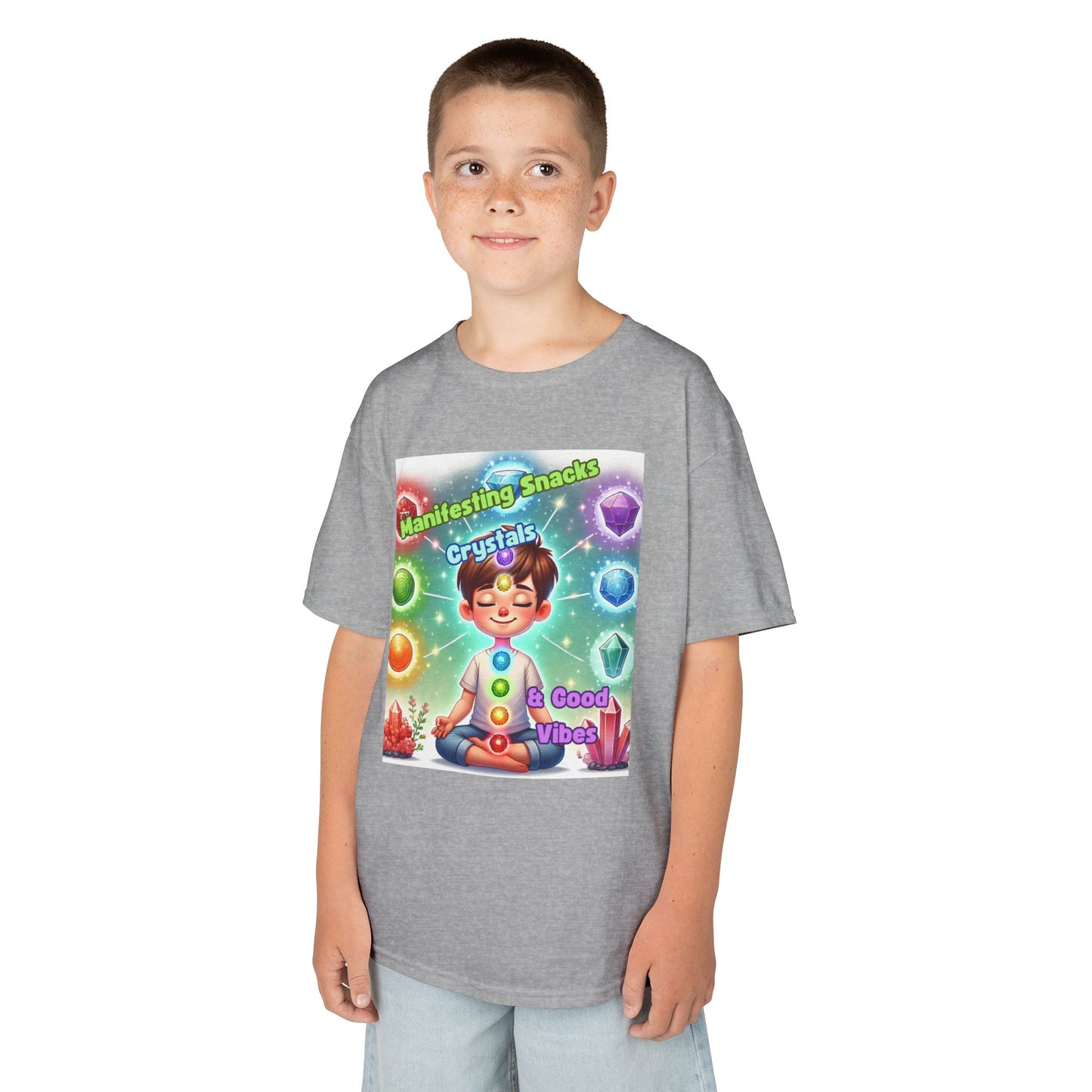 'Manifesting Snacks, Crystals, and Good Energy' Kids TShirt