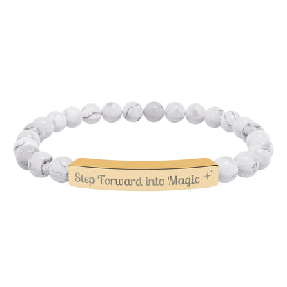 Engraved Natural Stone Stretch Bar Bracelet — "Step Forward into Magic" Motivational Beaded Bracelet
