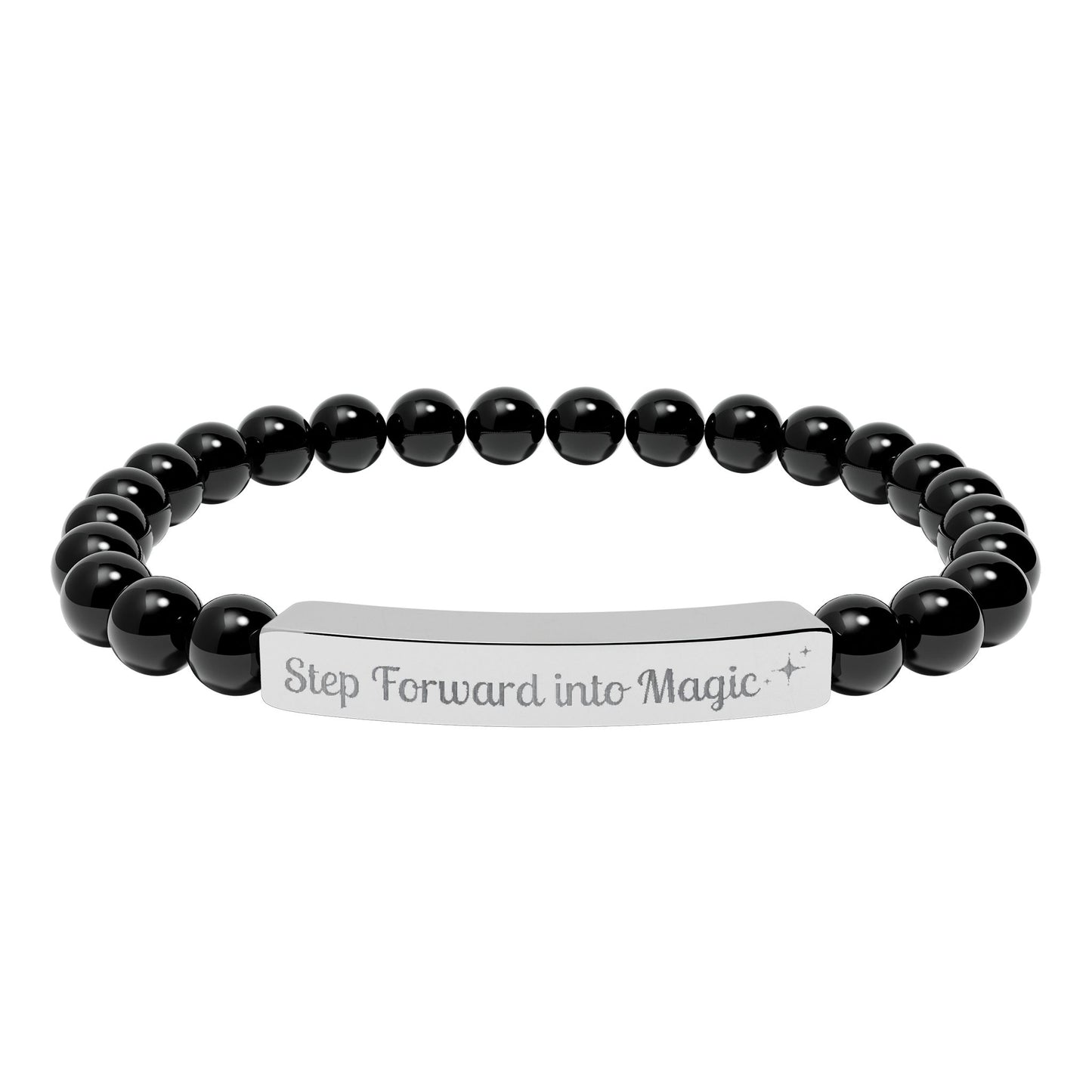 Engraved Natural Stone Stretch Bar Bracelet — "Step Forward into Magic" Motivational Beaded Bracelet
