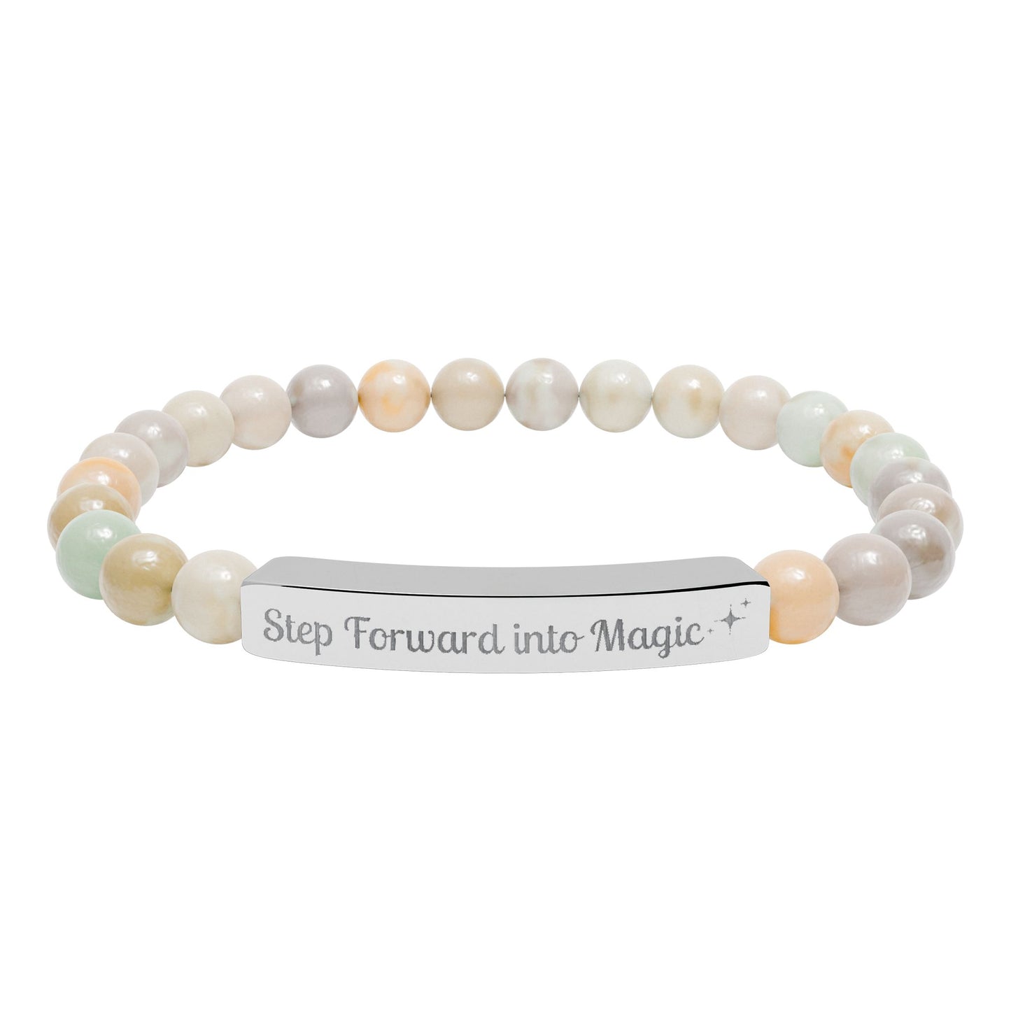 Engraved Natural Stone Stretch Bar Bracelet — "Step Forward into Magic" Motivational Beaded Bracelet