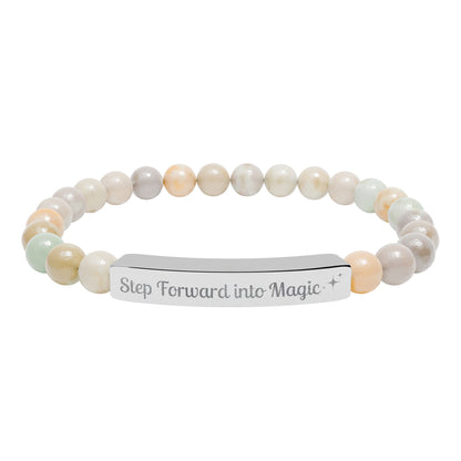 Engraved Natural Stone Stretch Bar Bracelet — "Step Forward into Magic" Motivational Beaded Bracelet