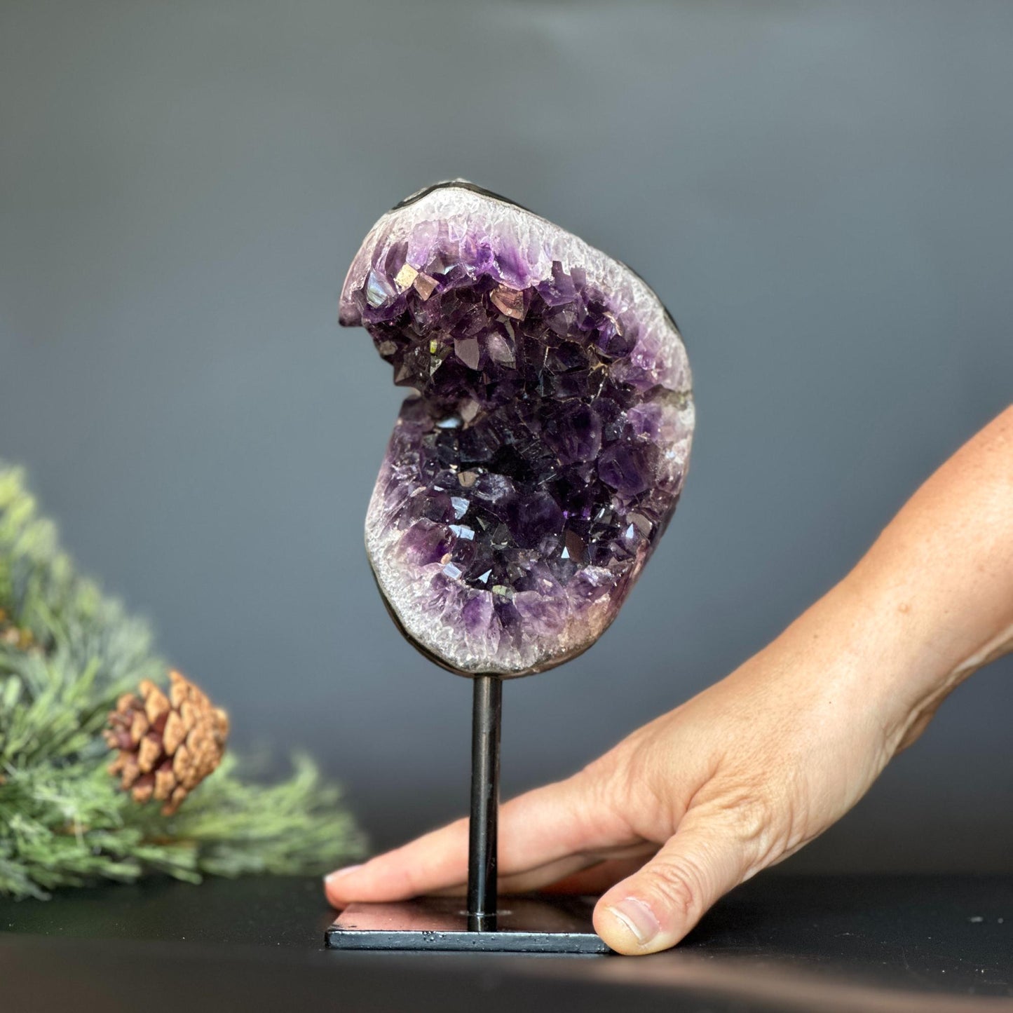 Large Amethyst Geode Crystal, Deep Purple Amethyst on modern stand
