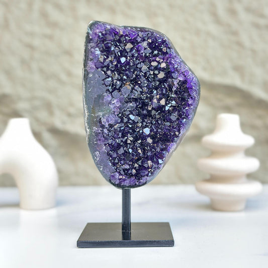 Natural Amethyst Geode, Galaxy Crystal on Metal Stand