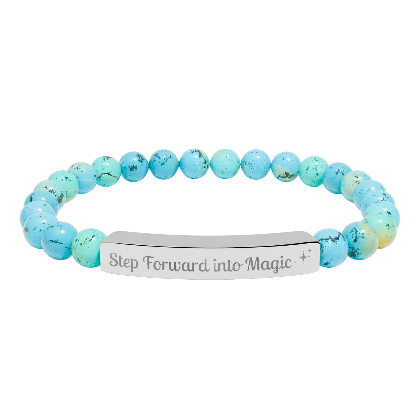 Engraved Natural Stone Stretch Bar Bracelet — "Step Forward into Magic" Motivational Beaded Bracelet