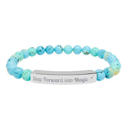 Engraved Natural Stone Stretch Bar Bracelet — "Step Forward into Magic" Motivational Beaded Bracelet
