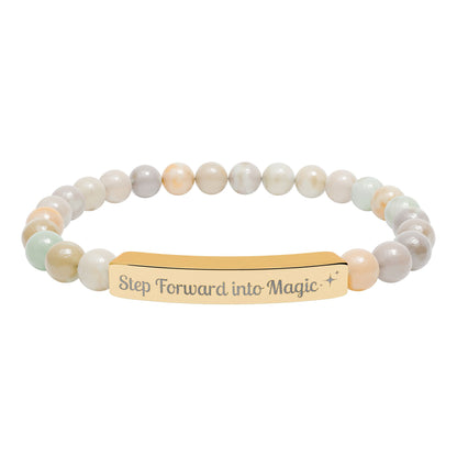Engraved Natural Stone Stretch Bar Bracelet — "Step Forward into Magic" Motivational Beaded Bracelet