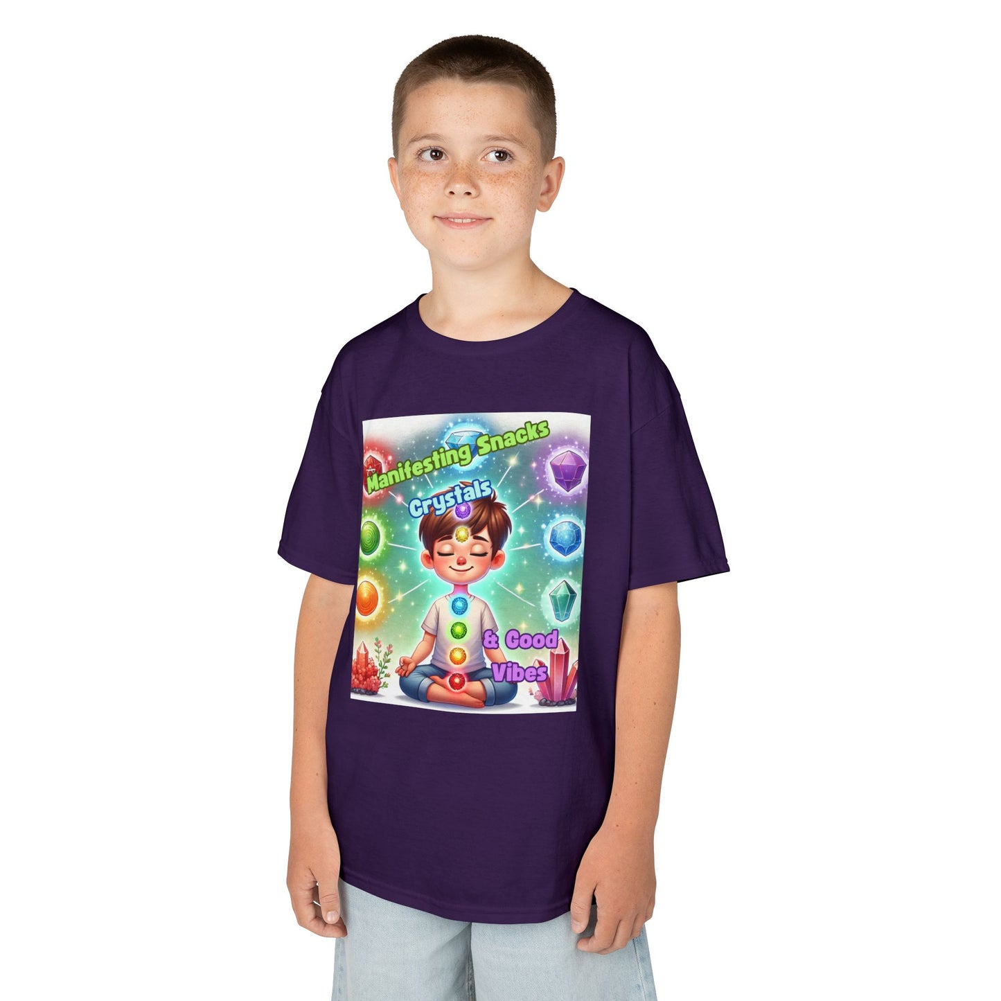 'Manifesting Snacks, Crystals, and Good Energy' Kids TShirt
