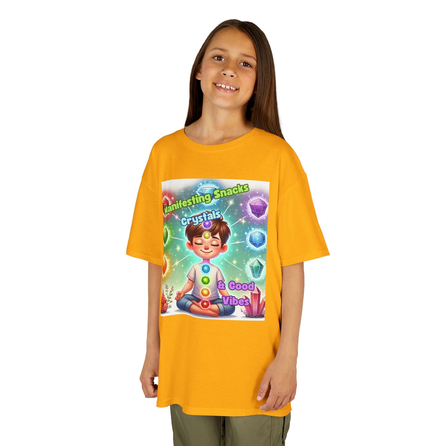 'Manifesting Snacks, Crystals, and Good Energy' Kids TShirt
