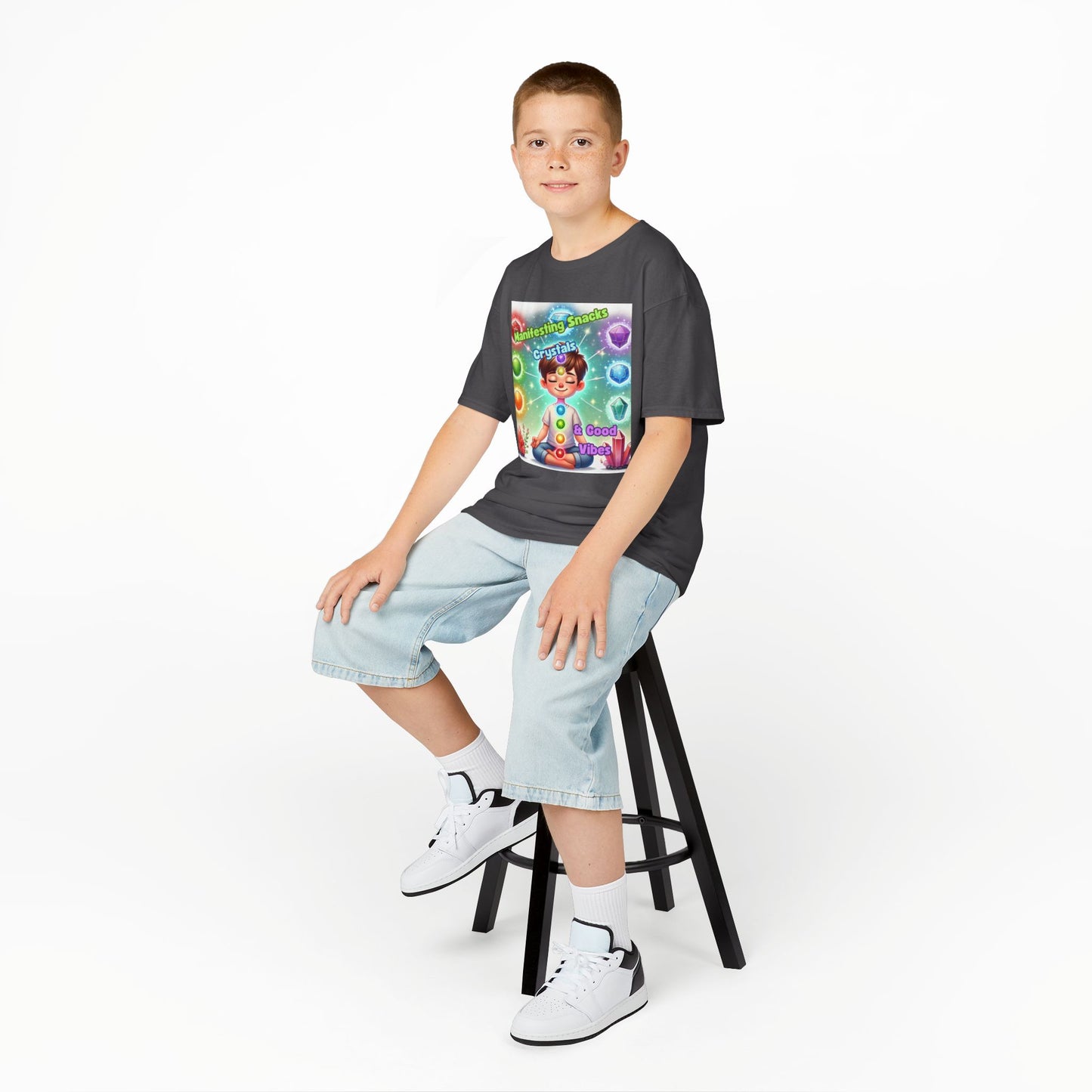 'Manifesting Snacks, Crystals, and Good Energy' Kids TShirt