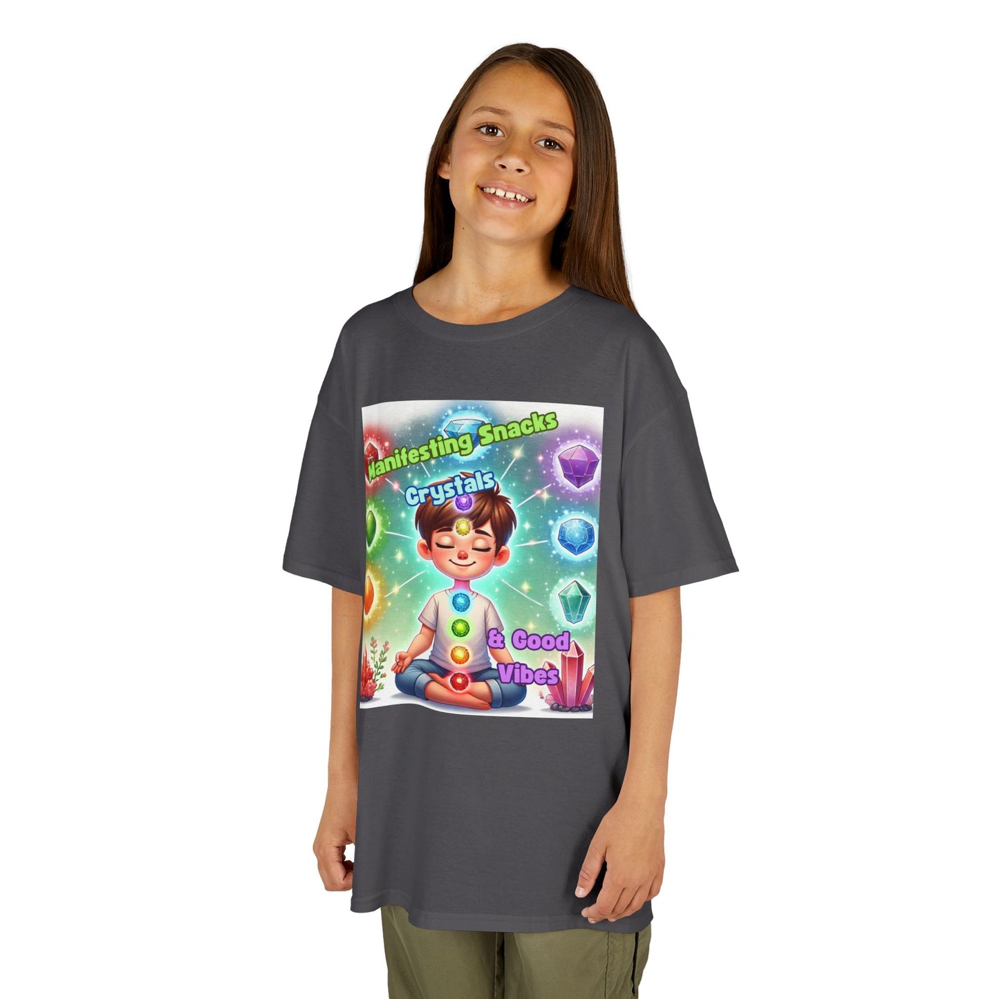 'Manifesting Snacks, Crystals, and Good Energy' Kids TShirt