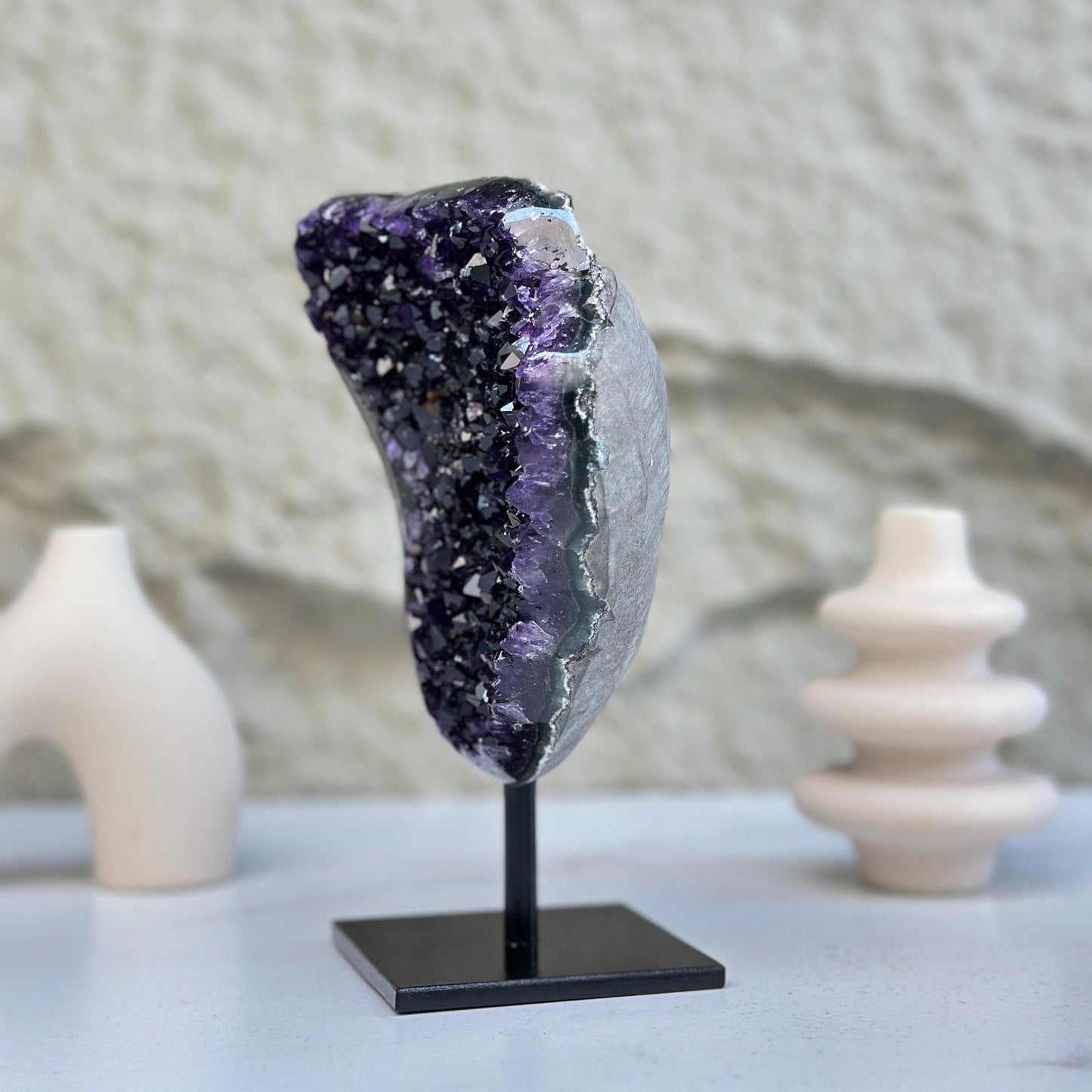 Natural Amethyst Geode, Galaxy Crystal on Metal Stand