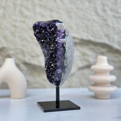 Natural Amethyst Geode, Galaxy Crystal on Metal Stand