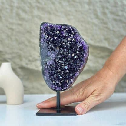 Natural Amethyst Geode, Galaxy Crystal on Metal Stand