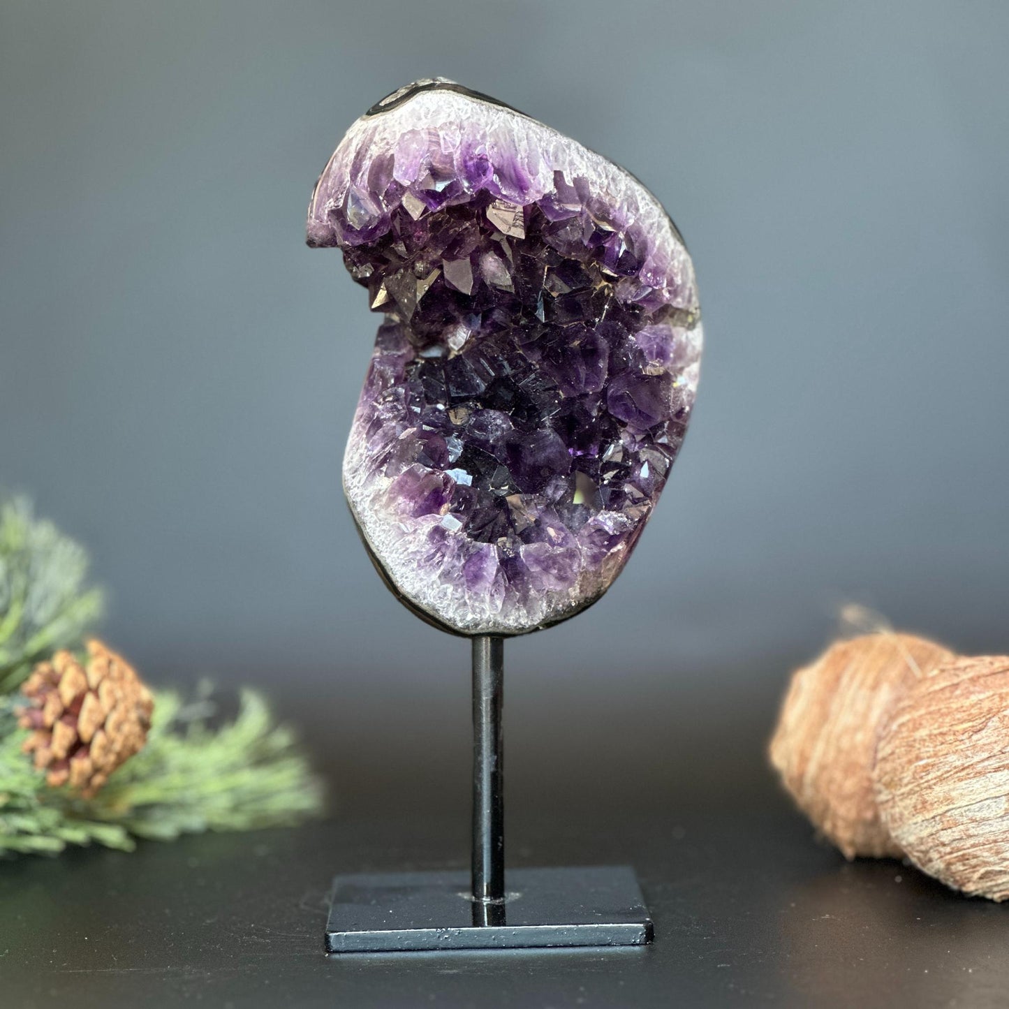 Large Amethyst Geode Crystal, Deep Purple Amethyst on modern stand