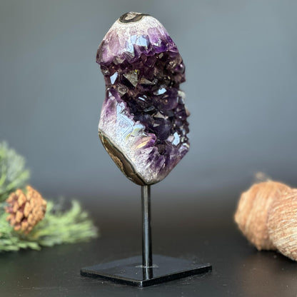 Large Amethyst Geode Crystal, Deep Purple Amethyst on modern stand