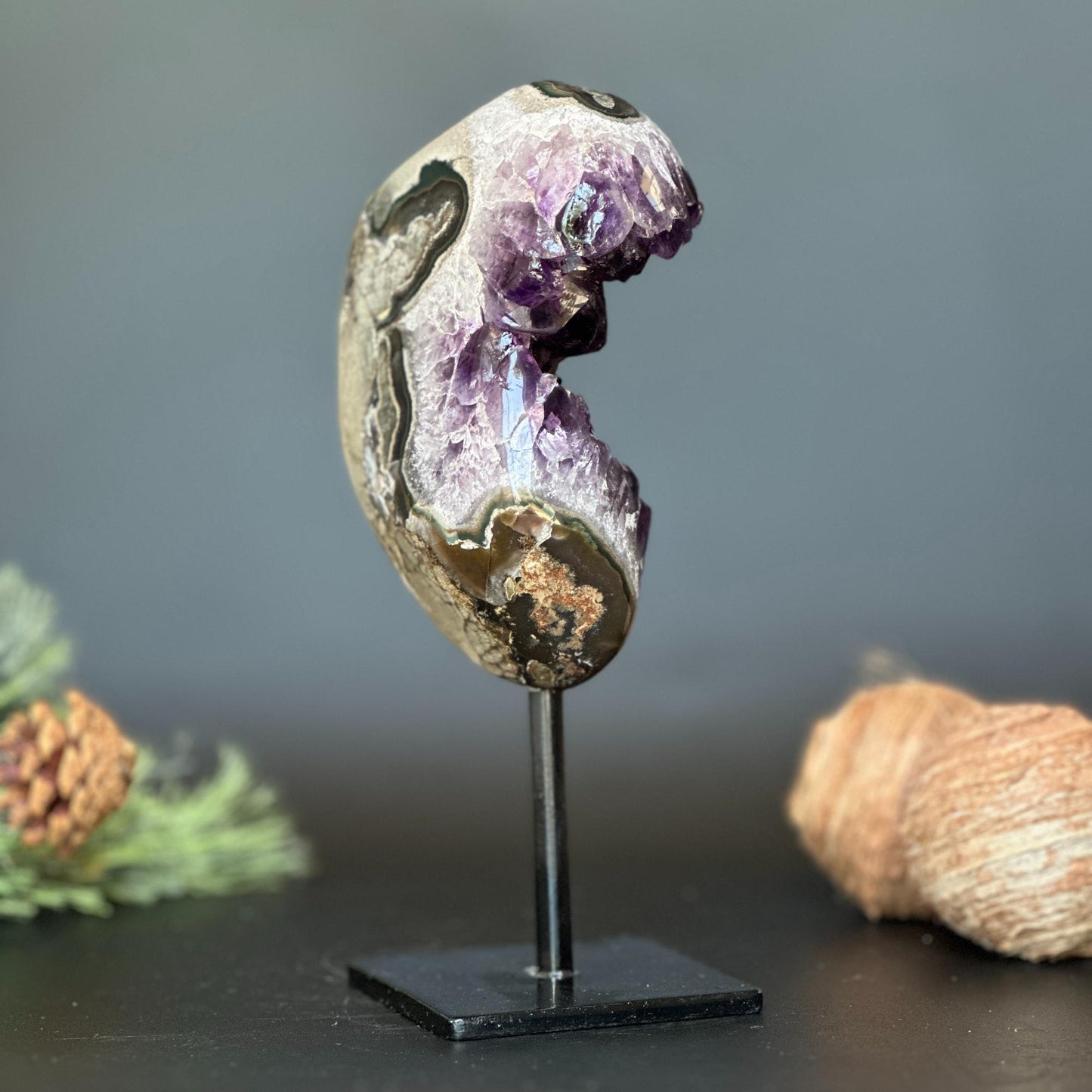 Large Amethyst Geode Crystal, Deep Purple Amethyst on modern stand
