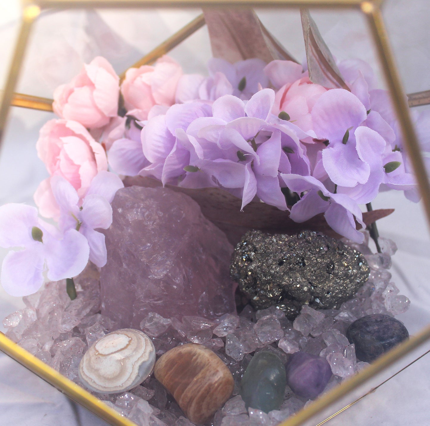 Crystal Geode Terrarium Rose Quartz and Pyrite - Luck in Love