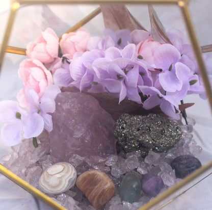 Crystal Geode Terrarium Rose Quartz and Pyrite - Luck in Love