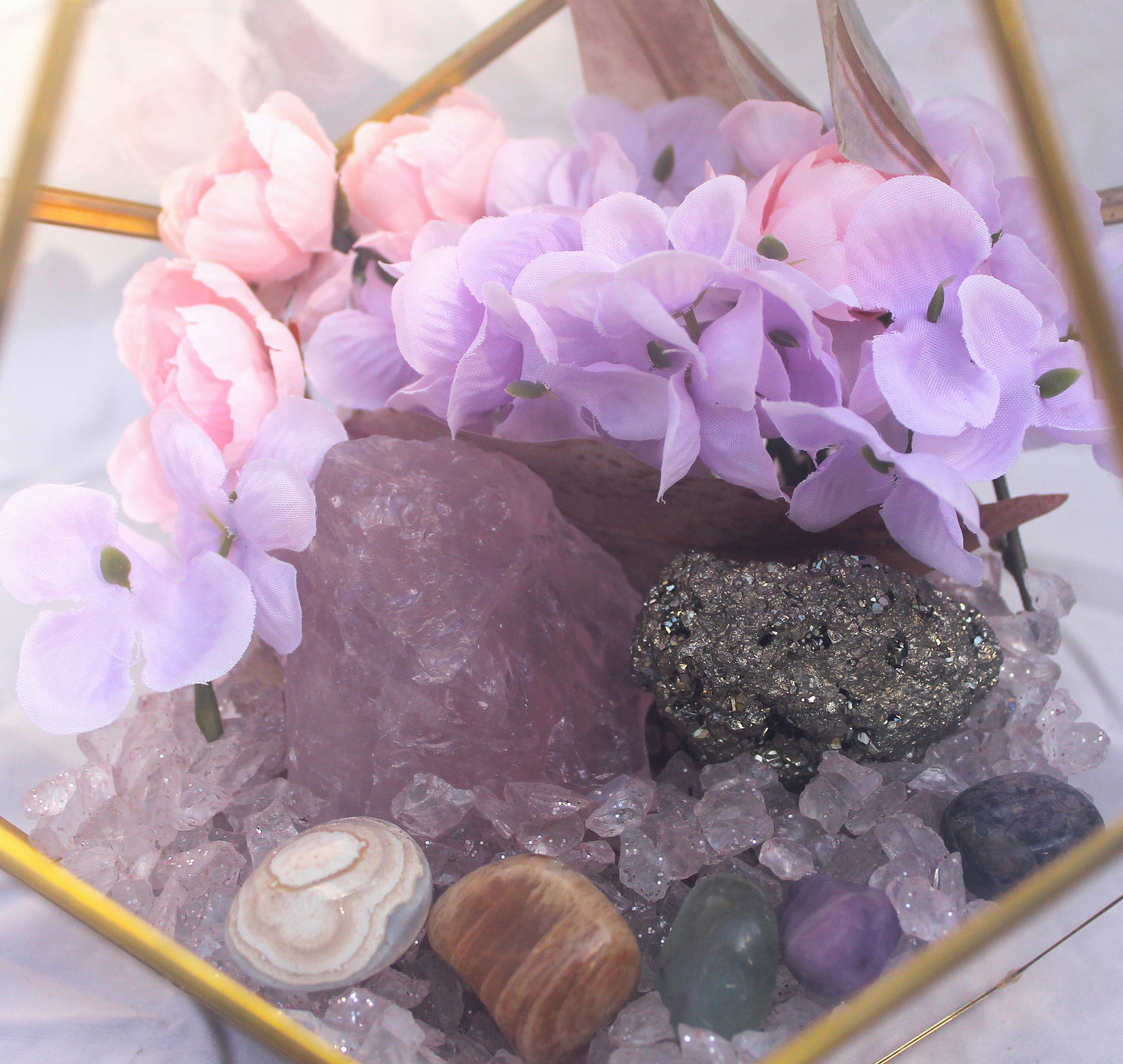 Crystal Geode Terrarium Rose Quartz and Pyrite - Luck in Love