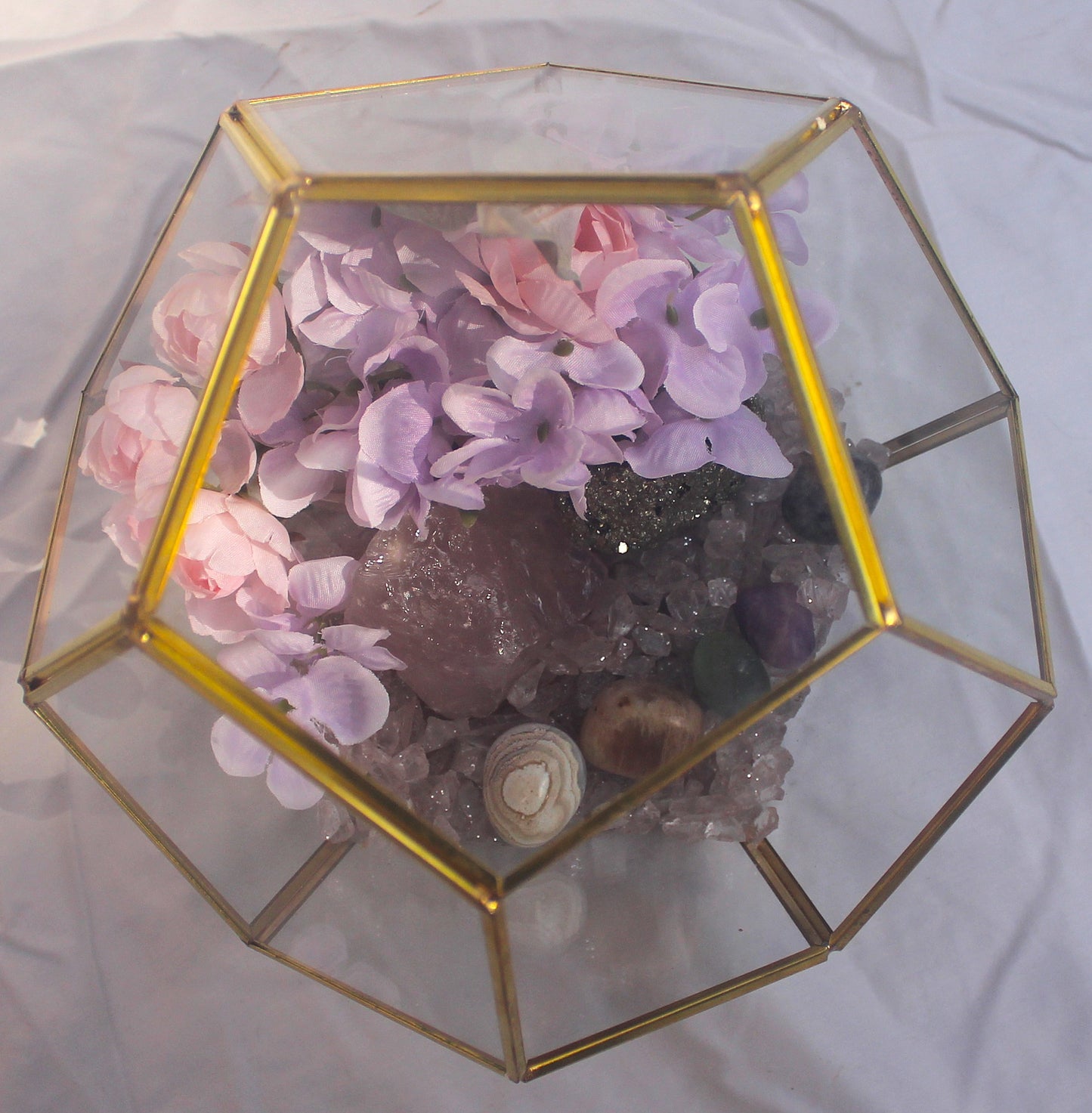 Crystal Geode Terrarium Rose Quartz and Pyrite - Luck in Love