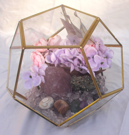 Crystal Geode Terrarium Rose Quartz and Pyrite - Luck in Love