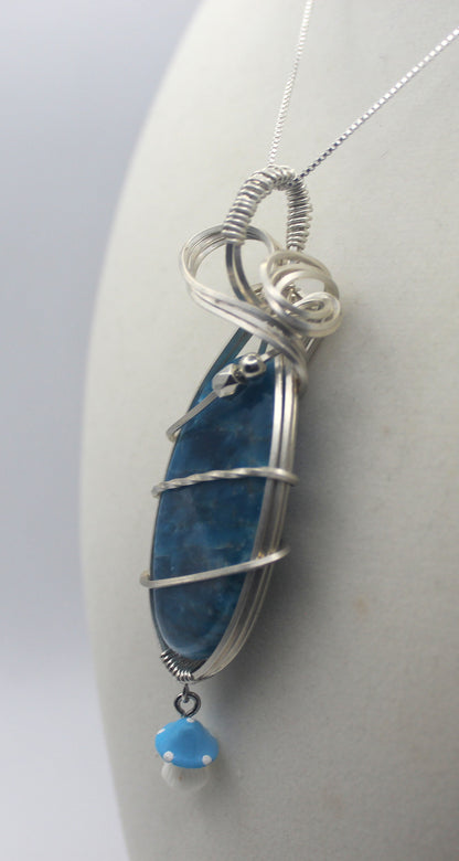 Argentium Silver Blue Apatite Mushroom Pendant Necklace