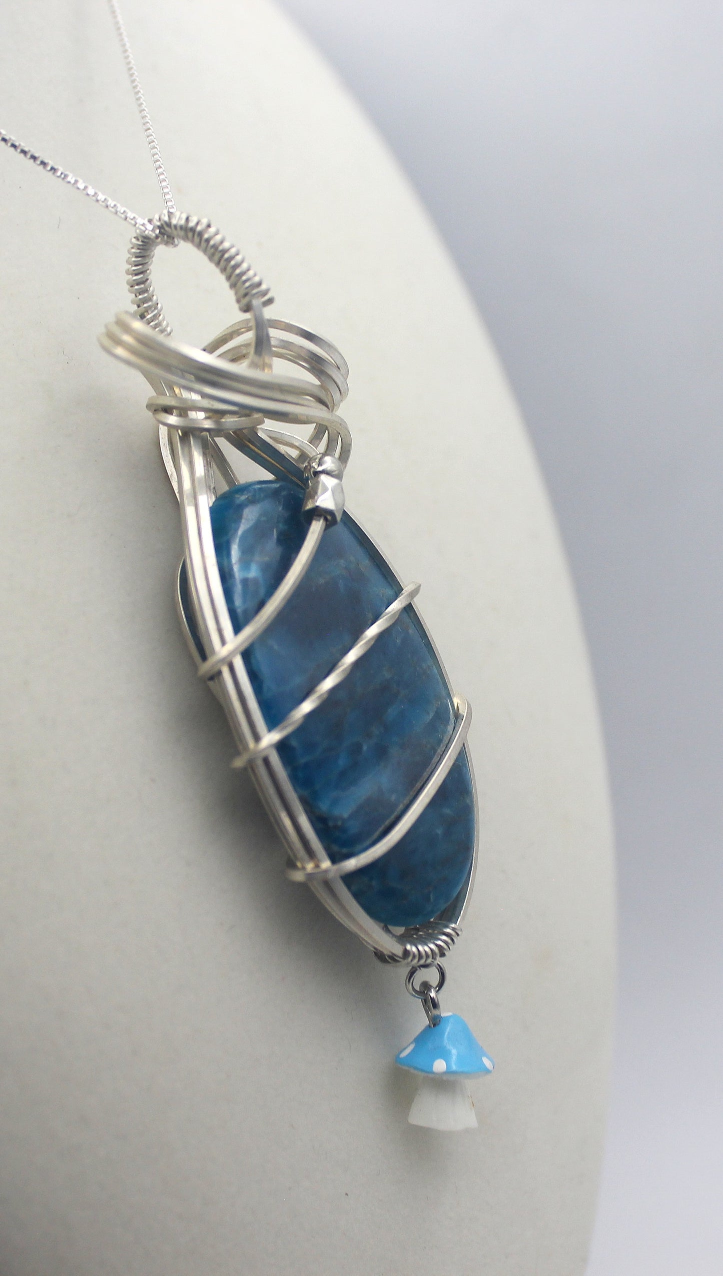 Argentium Silver Blue Apatite Mushroom Pendant Necklace