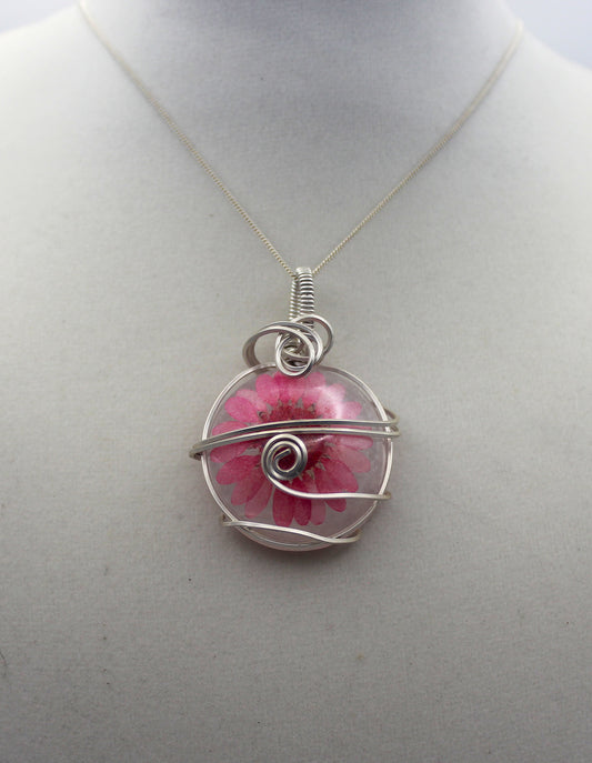 Argentium Silver Resin Dried Pink Flower Pendant Necklace