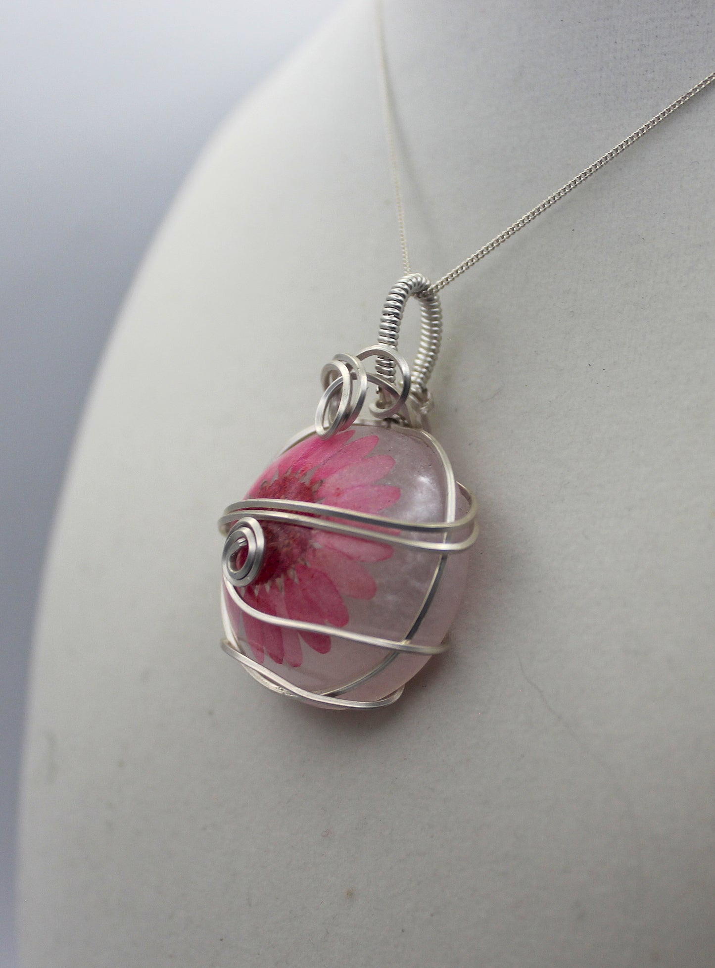 Argentium Silver Resin Dried Pink Flower Pendant Necklace