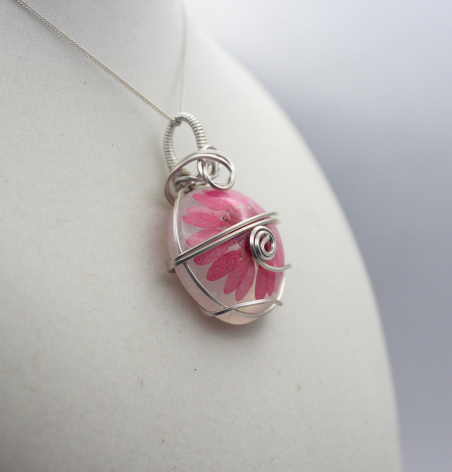 Argentium Silver Resin Dried Pink Flower Pendant Necklace