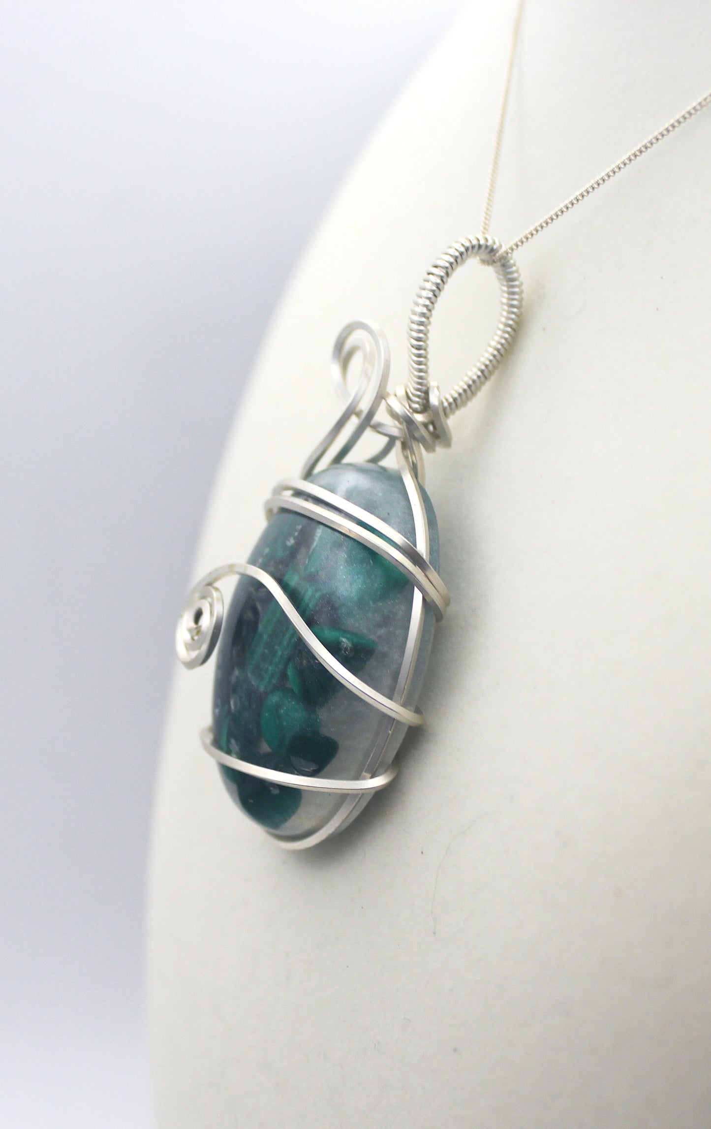 Argentium Silver Resin Malachite Pendant Necklace