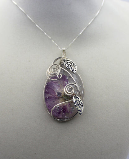 Argentium Silver Resin Purple Dried Flower Pendant Necklace