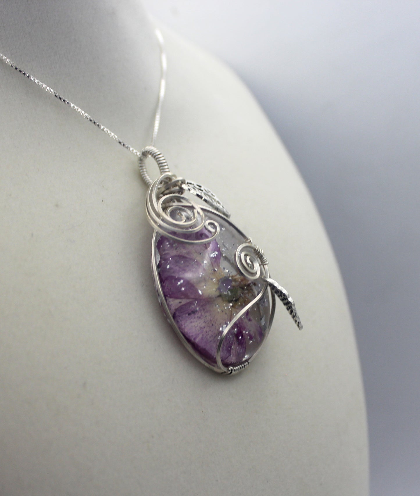 Argentium Silver Resin Purple Dried Flower Pendant Necklace