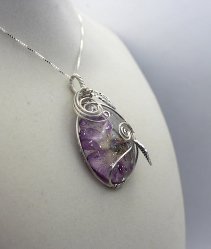 Argentium Silver Resin Purple Dried Flower Pendant Necklace