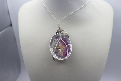 Argentium Silver Resin Purple Dried Flower Pendant Necklace